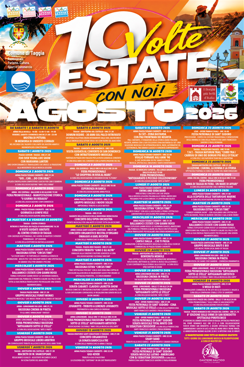 Taggia, oltre 50 eventi animano il calendario di agosto tra grandi spettacoli, musica dal vivo, cultura, sport
