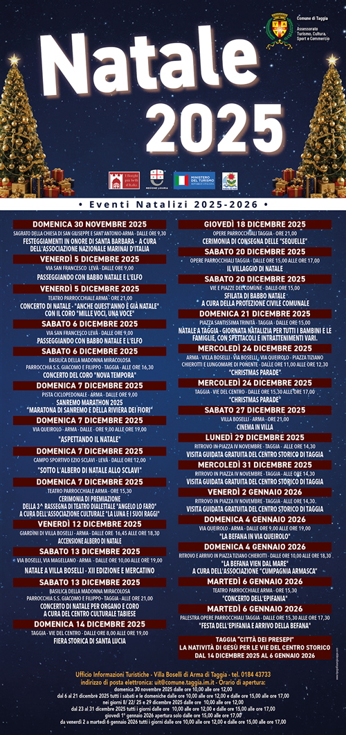 Il comune di Taggia si prepara ad accendere il Natale: luminarie dal 5 dicembre e calendario ricco con 25 appuntamenti durante il periodo delle festività
