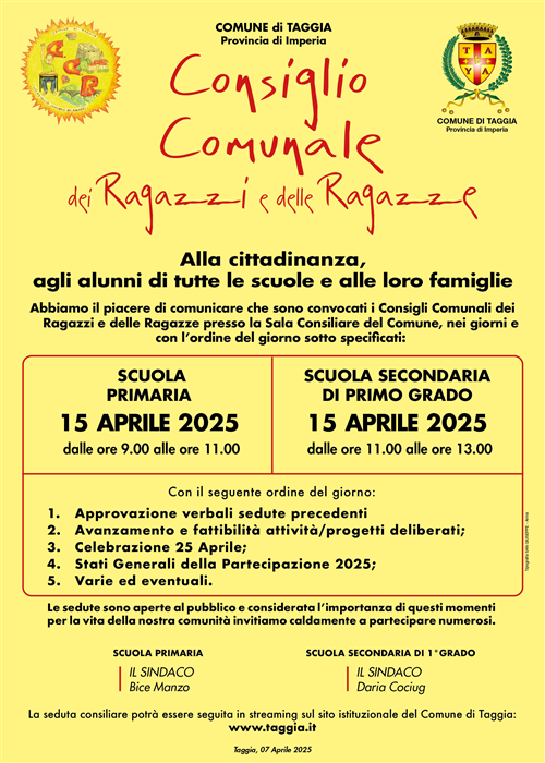 Taggia, martedì 15 aprile appuntamento con i Consigli Comunali dei Ragazzi e delle Ragazze