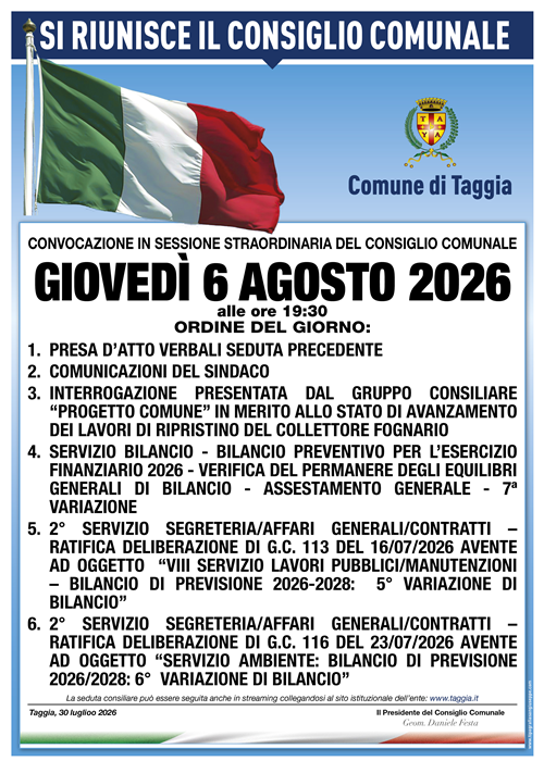 Giovedì 6 agosto torna a riunirsi il Consiglio Comunale