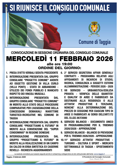 Mercoledì 11 febbraio torna a riunirsi il Consiglio Comune