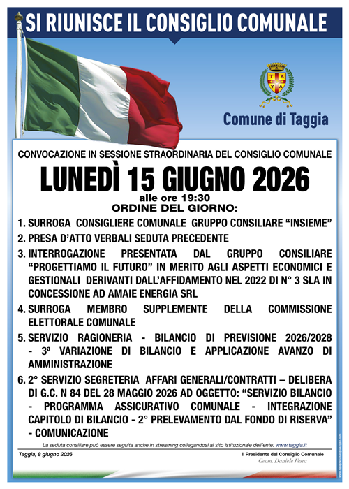 Lunedì 15 giugno torna a riunirsi il consiglio comunale