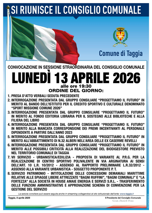 Convocazione consiglio comunale per il 13 aprile 2026 ore 19.30